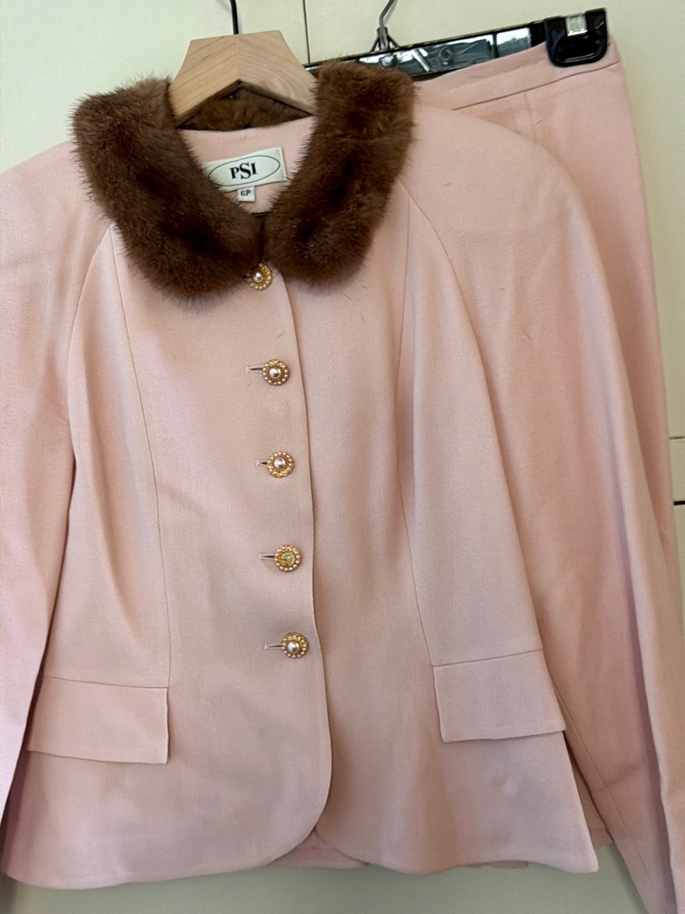 Vintage PSI Pink Skirt Suit With Brown Fur Collar